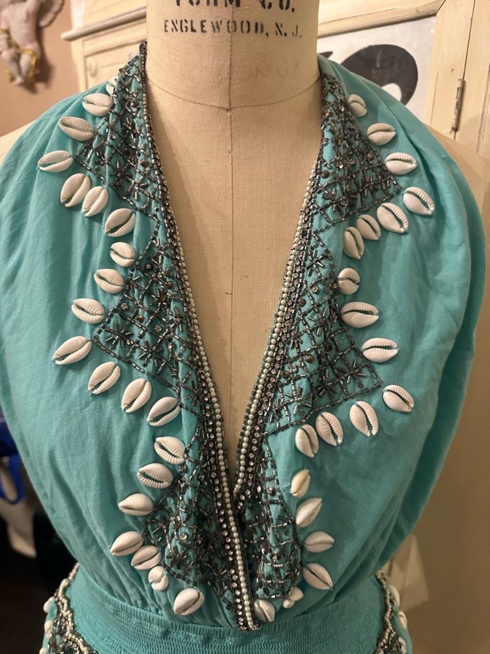 Turquoise Halter Shell-Trim Boho Dress - Picture 2 of 7